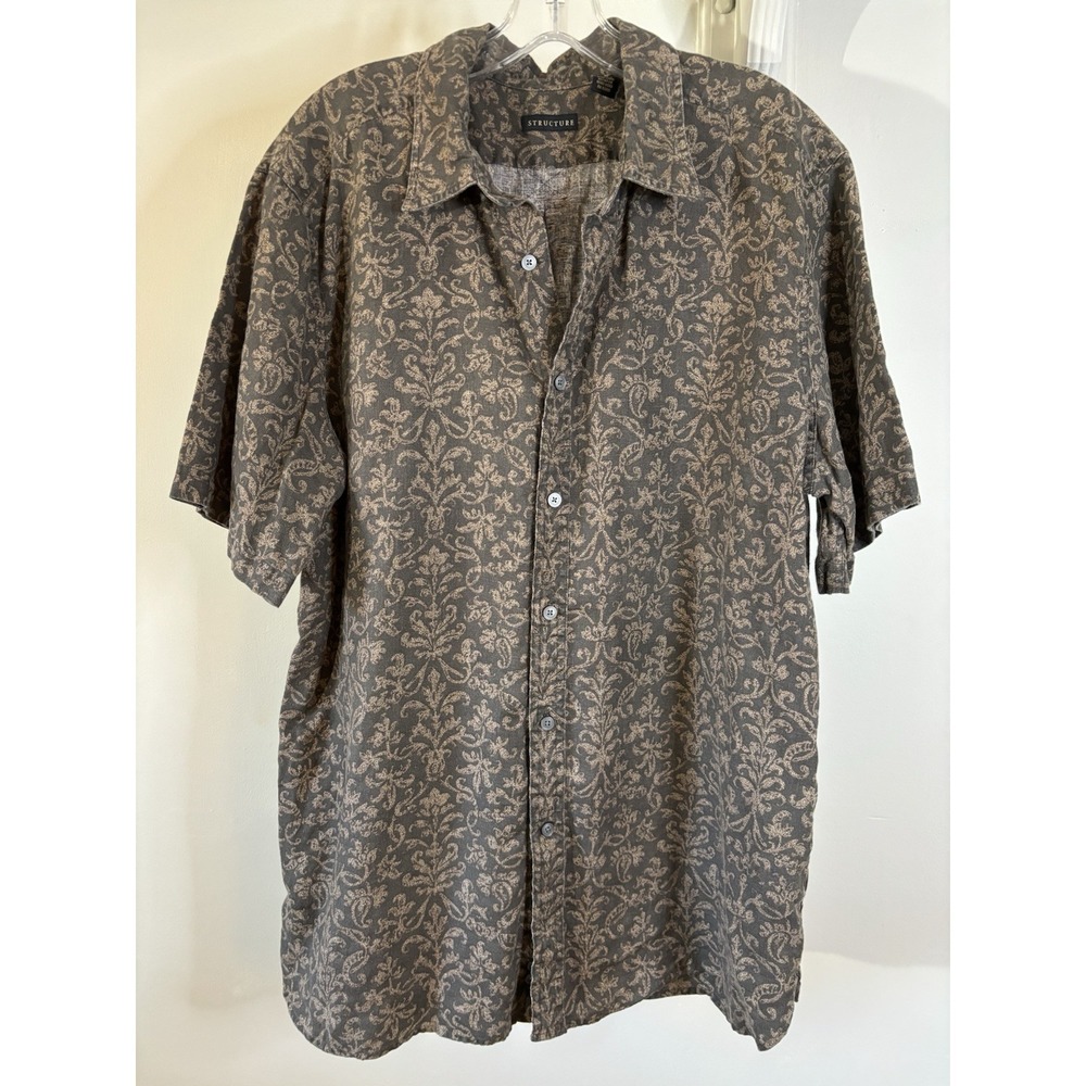 VTG STRUCTURE Brown Linen Paisley Short Sleev Button Up Shirt L 90's